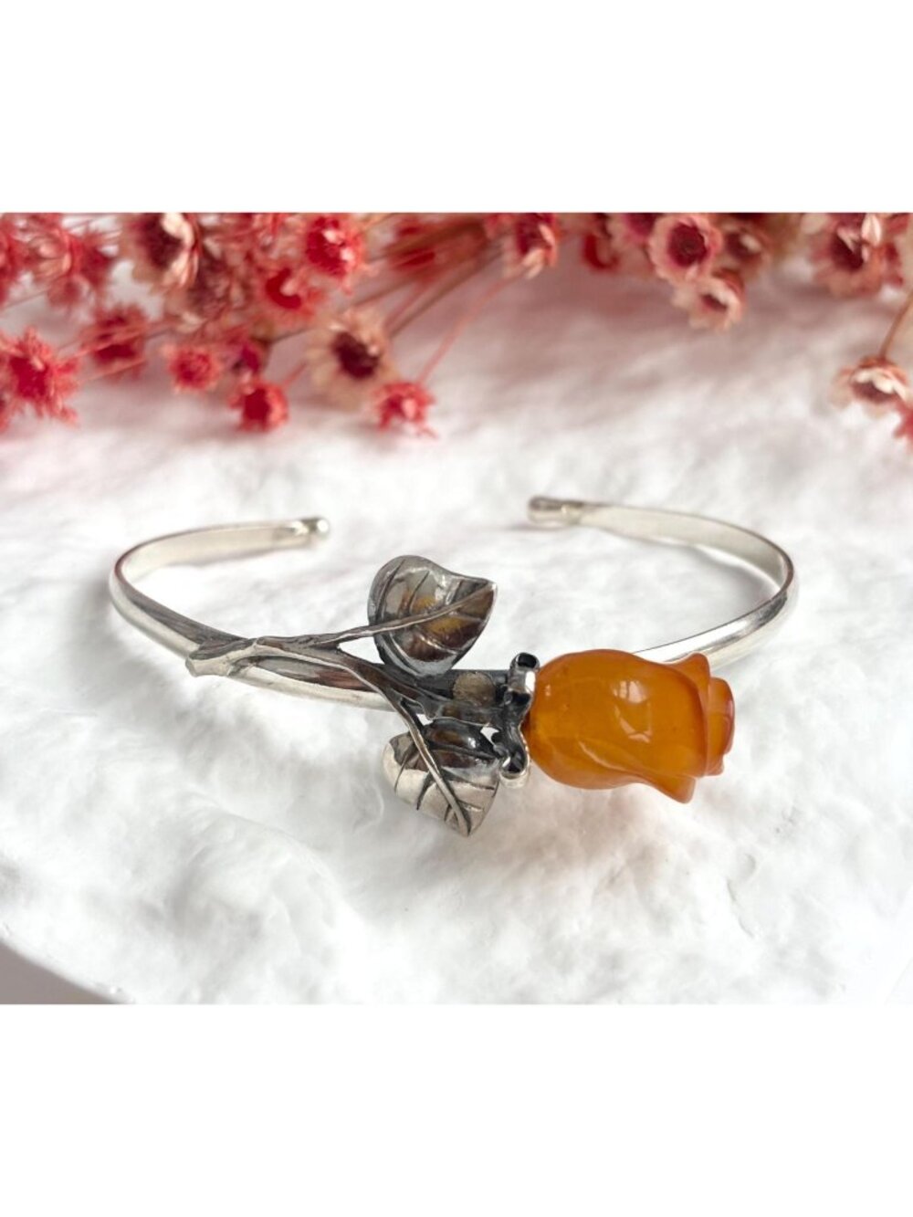 Butterscotch Amber Art Nouveau Rose Sterling Silver 925 Vintage Cuff Bracelet